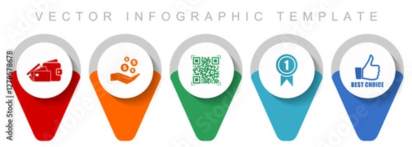 Obraz Shopping pointer collection, miscellaneous icons such as money, wallet, qr code, badge and like sign, flat design vector infographic template in eps 10