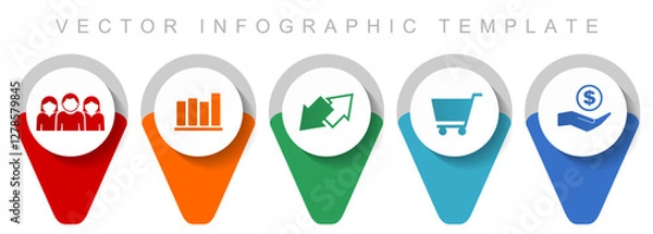 Fototapeta Trade pointer collection, miscellaneous icons such as customers, graph, exchange, cart and bank, flat design vector infographic template in eps 10