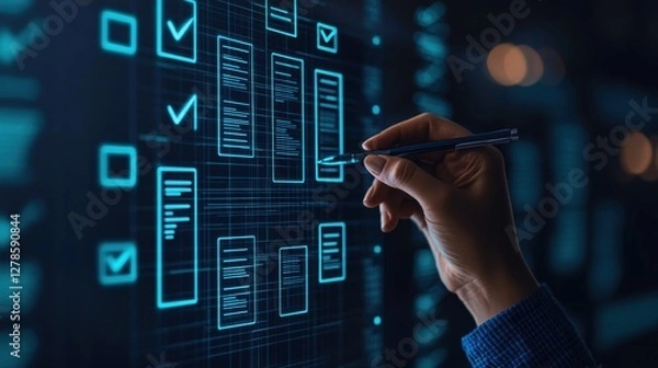 Obraz Hand engaging with digital checklist icons virtual workspace user interface technology close-up interaction with digital content