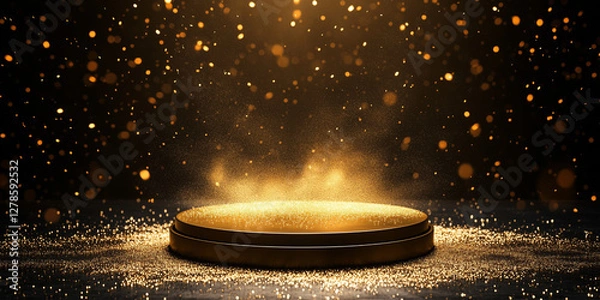 Fototapeta Abstract background with golden glowing podium, sand and dust sparse and empty space for text and images, luxury background, wallpaper and advertiser.