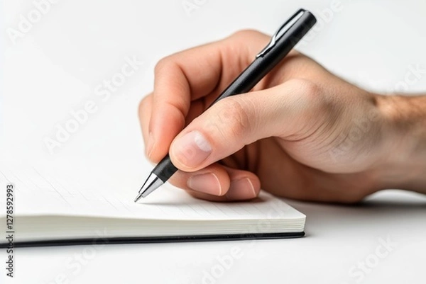 Fototapeta Close up of Hand Writing in Notebook with Black Pen Detailed View