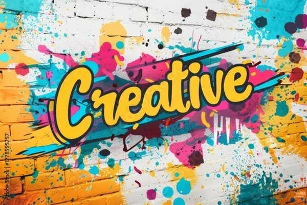 Fototapeta Yellow creative lettering takes center stage amidst colorful letters and musical notes on a vibrant, textured canvas, igniting inspiration and artistic expression