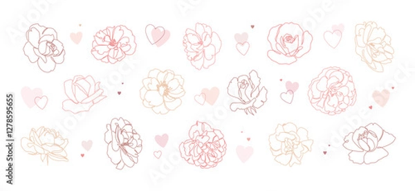 Obraz Collection of delicate and elegant flowers in vector. Continuous line peony and roses with hearts on white background. For wedding invitations, greeting cards, or decorative prints