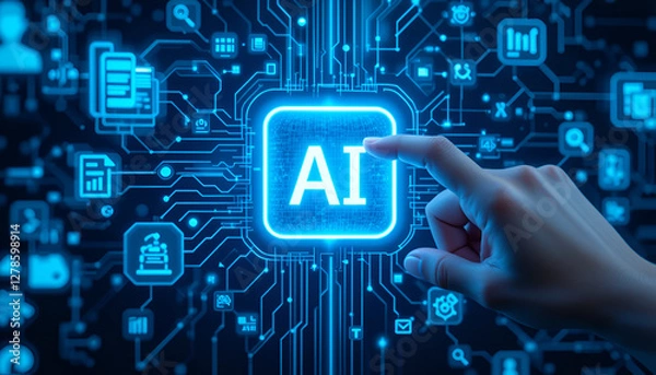 Obraz Generative AI artificial intelligence generate text document and abstract papers. Man touching AI icon on electronic circuit board.