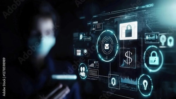 Fototapeta Digital security interface with masked person interacting.
