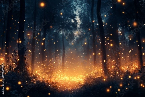 Fototapeta Enchanting Firefly Forest at Night Magical Glowing Lights in Dark Woods