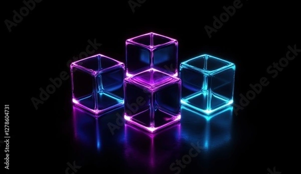 Fototapeta Glowing neon cubes on reflective surface. (1)