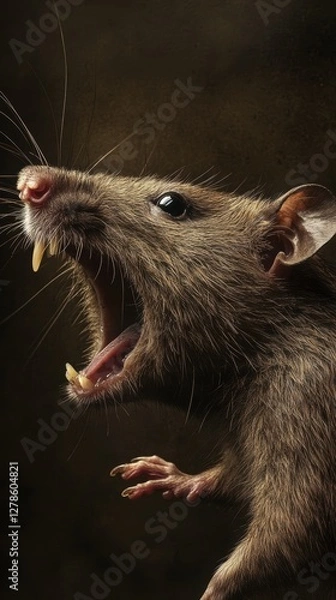 Fototapeta A detailed close-up photograph captures the intense and dramatic expression of a small rodent as it displays its teeth and claws, highlighted by intricate fur texture.