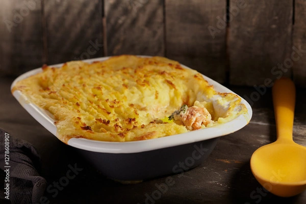 Fototapeta Home made fish pie with a rustic background.