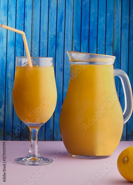 Obraz Jug and glass of a fruity drink,smoothie with a wooden blue background.