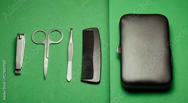 Obraz Flat lay of a manicure set on a green background.