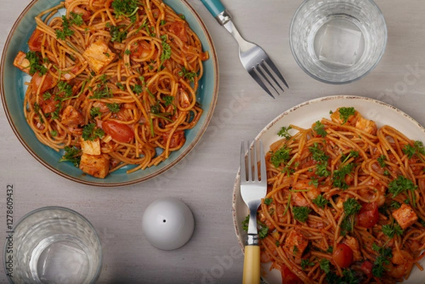 Obraz Seafood and pasta dish shot from above with a grey background.