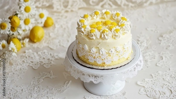 Fototapeta Lemon Cake with Lace and Daisy Design: A Delectable Dessert