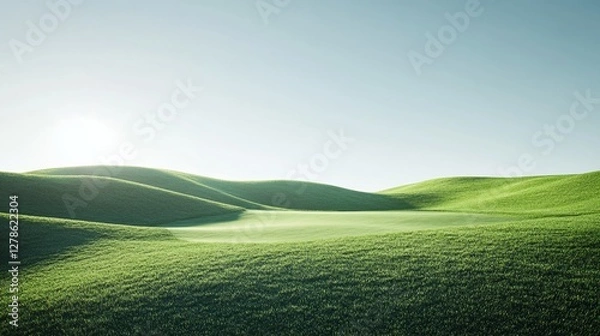 Obraz A scenic view of a pristine golf course featuring rolling green hills under a soft morning sky. The minimalist design is perfect for branding, advertising, and golf tourism content.