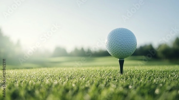 Obraz A close-up of a golf ball perched on a tee, set against a lush green golf course with soft morning light. Ideal for sports marketing, golf-related promotions, and lifestyle branding.