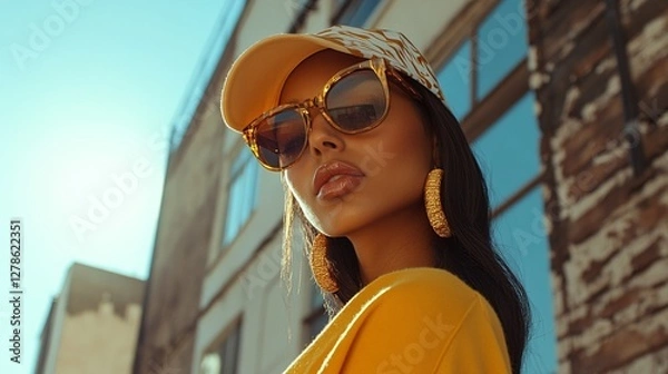 Obraz Fashionable woman in sunglasses and a cap, posing in an urban setting. Ideal for fashion campaigns, editorial, and branding.