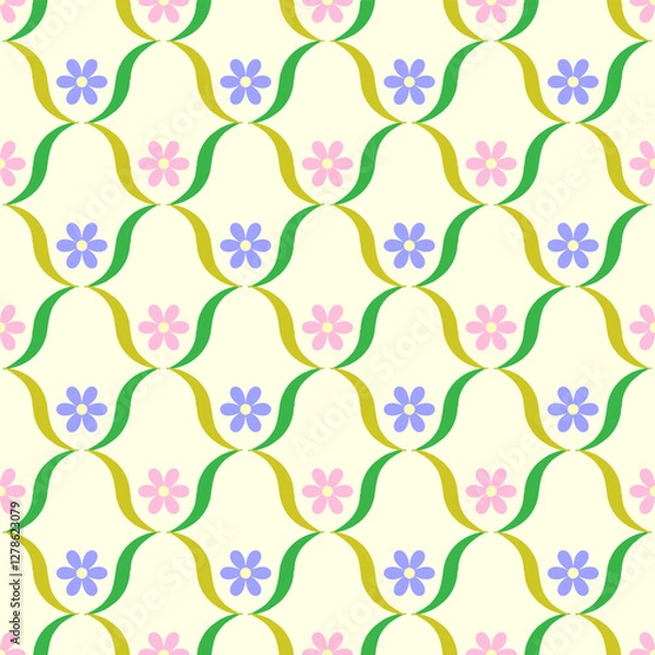 Fototapeta Flowers on wave line seamless pattern