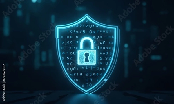 Obraz A conceptual image of cybersecurity featuring a glowing digital padlock embedded within a transparent shield, overlaid with binary code and blockchain-inspired graphics.