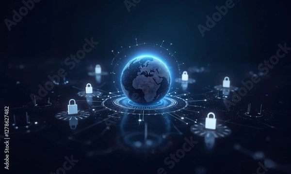 Obraz A sleek cyber protection concept featuring a digital globe surrounded by pulsating security shields, symbolizing global data privacy and encryption.