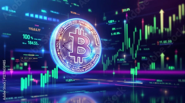 Obraz Representação digital de Bitcoin com gráficos financeiros ao fundo, simbolizando mercado de criptomoedas, investimentos e análise de dados em um ambiente tecnológico.