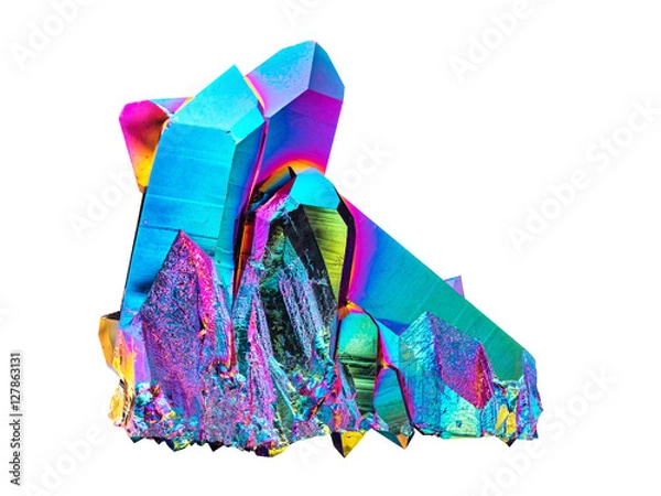 Fototapeta Very sharp and detailed Titanium rainbow aura quartz crystal cluster stone cut on white background. 