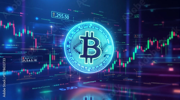 Fototapeta Representação digital de Bitcoin com gráficos financeiros em um ambiente futurista, destacando tecnologia blockchain, criptomoedas e mercado financeiro.