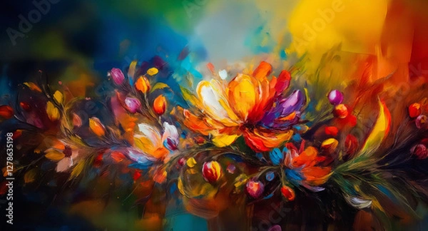 Fototapeta Vibrant abstract floral artwork with hues of red, orange, yellow, blue, and green. Bold brushstrokes create a textured, colorful display of flowers and foliage on dark backdrop.