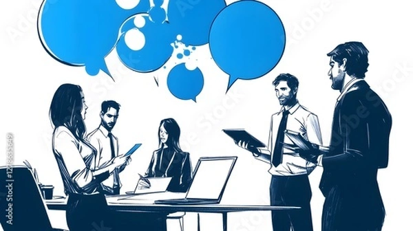Obraz A group of business people in suits, standing and talking to each other with speech bubbles above their heads
