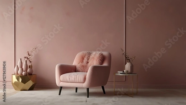 Fototapeta stock photo features a minimalist pink room with a fluffy chair, creating a serene and elegant atmosphere with