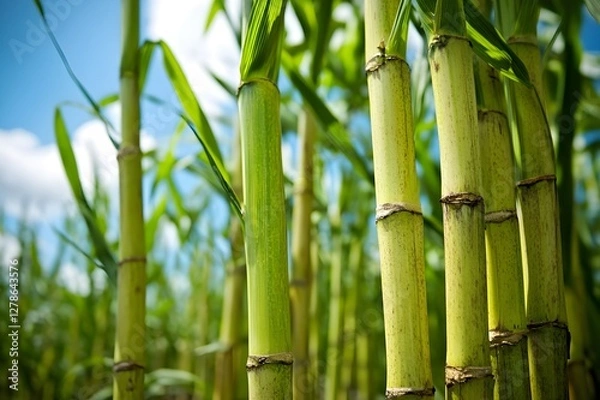 Fototapeta The magic of sugarcane with its strong stalks, with a rough and moist texture of the stem that retains its sweetness