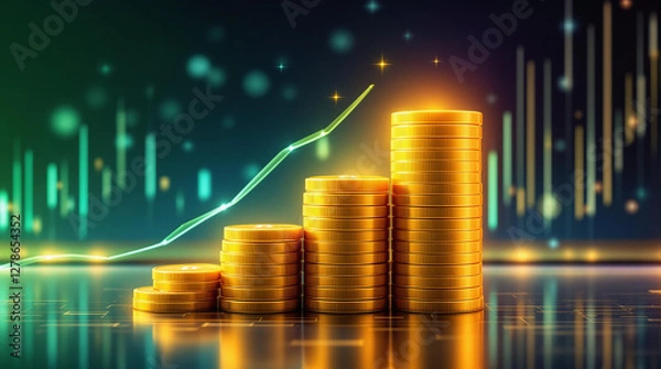 Obraz Pilhas crescentes de moedas douradas com símbolo de Bitcoin em um fundo tecnológico, destacando crescimento financeiro e investimentos em criptomoedas.