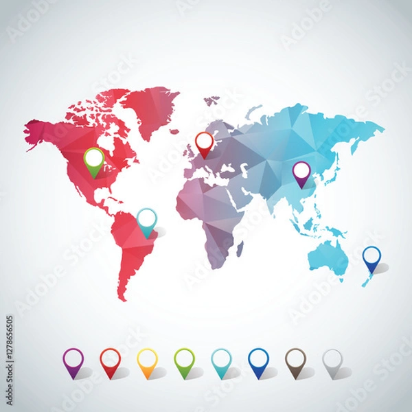 Fototapeta World map with colorful pointer marks, abstract map, vector file