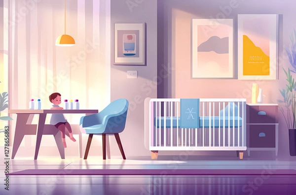 Fototapeta Child's Playroom: A brightly lit and inviting playroom scene depicts a young child seated at a table, surrounded by colorful toys, while a baby's crib sits nearby.