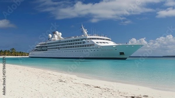 Fototapeta Bright white cruise ship docked at an exotic island with crystal-clear waters, fresh and open copy space.