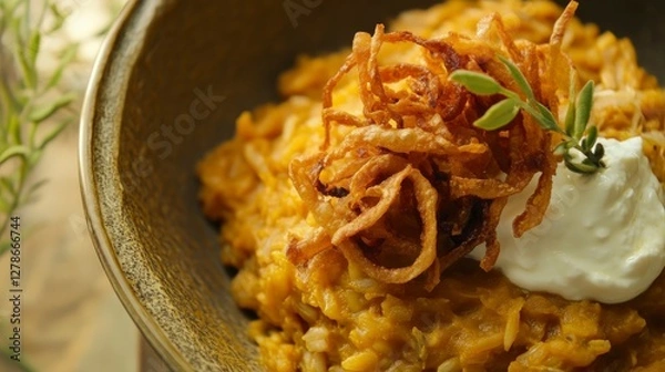 Fototapeta Aromatic Lentil and Rice Dish with Crispy Onions and Yogurt