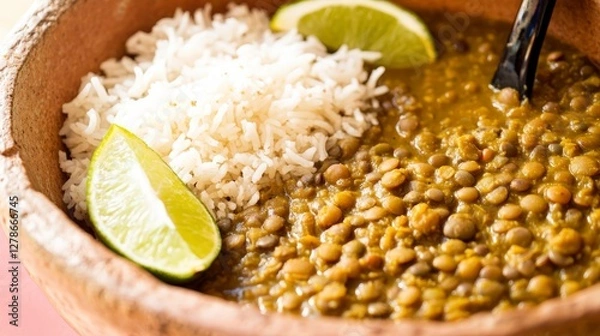 Fototapeta Aromatic Lentil Curry with Basmati Rice and Lime - A Delicious Indian Cuisine Dish