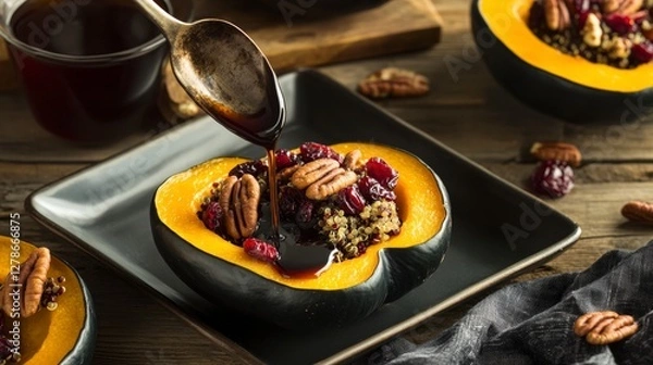 Fototapeta Gourmet Stuffed Acorn Squash with Quinoa and Pecans: A Flavorful Fall Dish