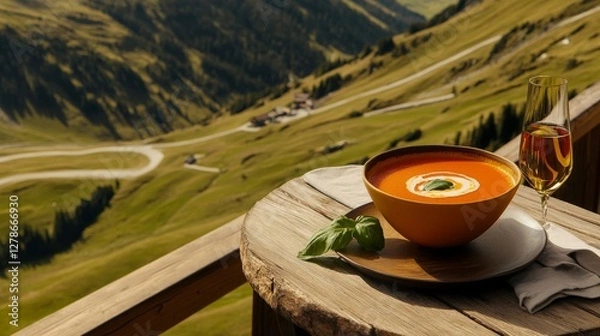 Fototapeta Alpine Tomato Soup with Mountain Views - Exquisite Outdoor Dining Experience