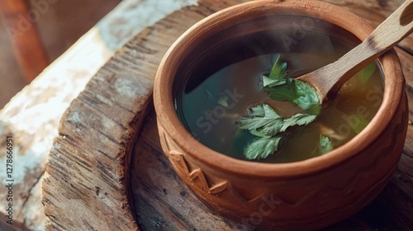 Fototapeta Rustic Clay Pot Soup with Aromatic Herbs - A Hearty and Flavorful Dish