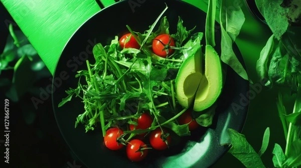 Fototapeta Vibrant Green Salad with Avocado and Cherry Tomatoes: A Healthy and Delicious Meal