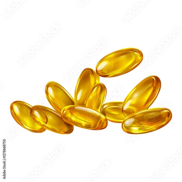 Obraz Yellow fish oil soft gels scattered on the ground, transparent background PNG.