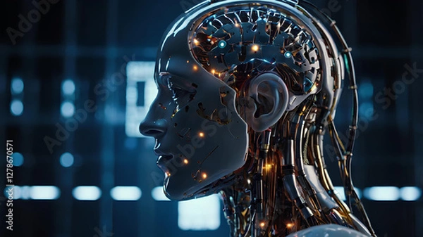 Fototapeta Robot with Illuminated Lights background soft lighting, Artificial intelligence technology 