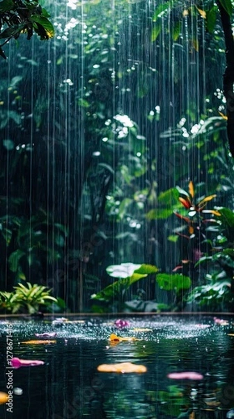 Fototapeta Tropical rainforest, rain falling on pond, lush greenery, serene nature scene, suitable for wallpaper or desktop background