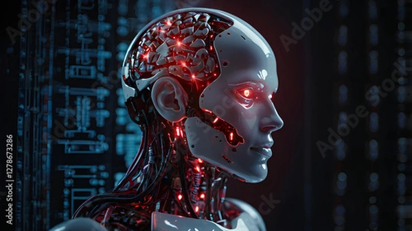 Fototapeta Robot with Illuminated Lights background soft lighting, Artificial intelligence technology 