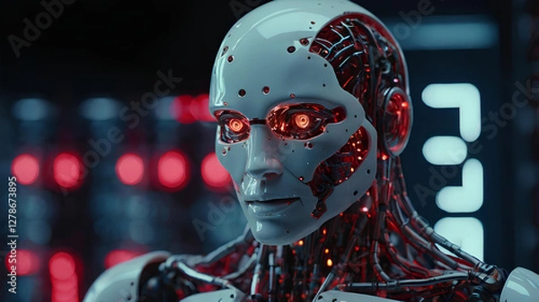 Fototapeta Robot with Illuminated Lights background soft lighting, Artificial intelligence technology 