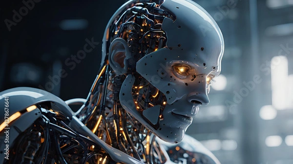 Fototapeta Robot with Illuminated Lights background soft lighting, Artificial intelligence technology 