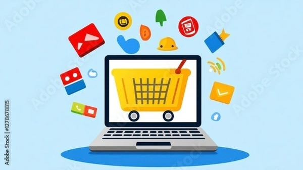 Obraz Pixel Art Illustration of Online Shopping with App Icons