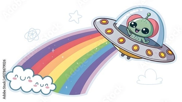 Fototapeta Little ufo with alien inside shooting a rainbow b