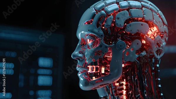 Fototapeta Robot with Illuminated Lights background soft lighting, Artificial intelligence technology 