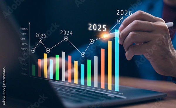 Fototapeta 2024 to 2025 business financial plan market concept, performance of profit growth on 2024, education trend up finance on growth graph money revenue, Businessman analyzes profitability of working.